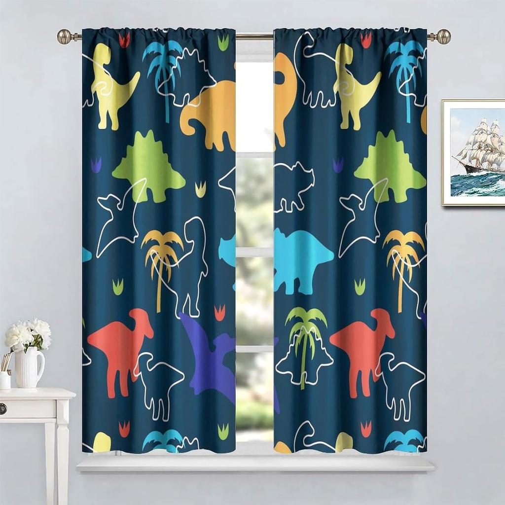 Boys Dinosaur Curtains, Cartoon Dino Kids Window Treatments For Boys Girls Children Nursery Living Room Bedroom, Colorful Safari