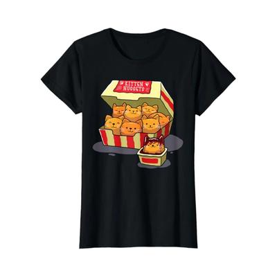 Kitten Nuggets Food Pun Geschenk für Katzenliebhaber Chicken Nuggets Damen Rundhals Hohe Qualität Modetrend 100% Baumwoll-T-Shirt 01232
