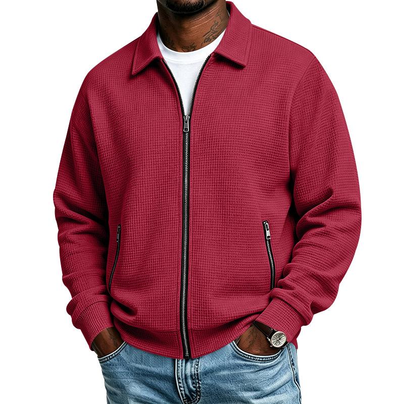 Men's Waffle Knit Full Zip Jacket Lapel Collar Long Sleeve Casual Lightweight Coat with Zipper Pockets for Spring and Fall Daily Wear