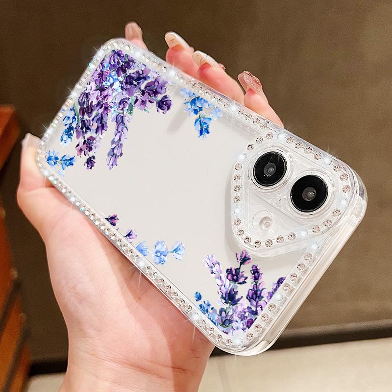 Flower Pattern Clear Soft Silicone Case For iPhone 16E 16 Pro Max 15 Pro 14 13 12 11 Diamond Frame Shockproof Transparent Phone Cover