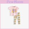 Girls Summer Cotton Cartoon Two Piece Set With Short Sleeve T Shirt And Elastic Waist Shorts For Kids