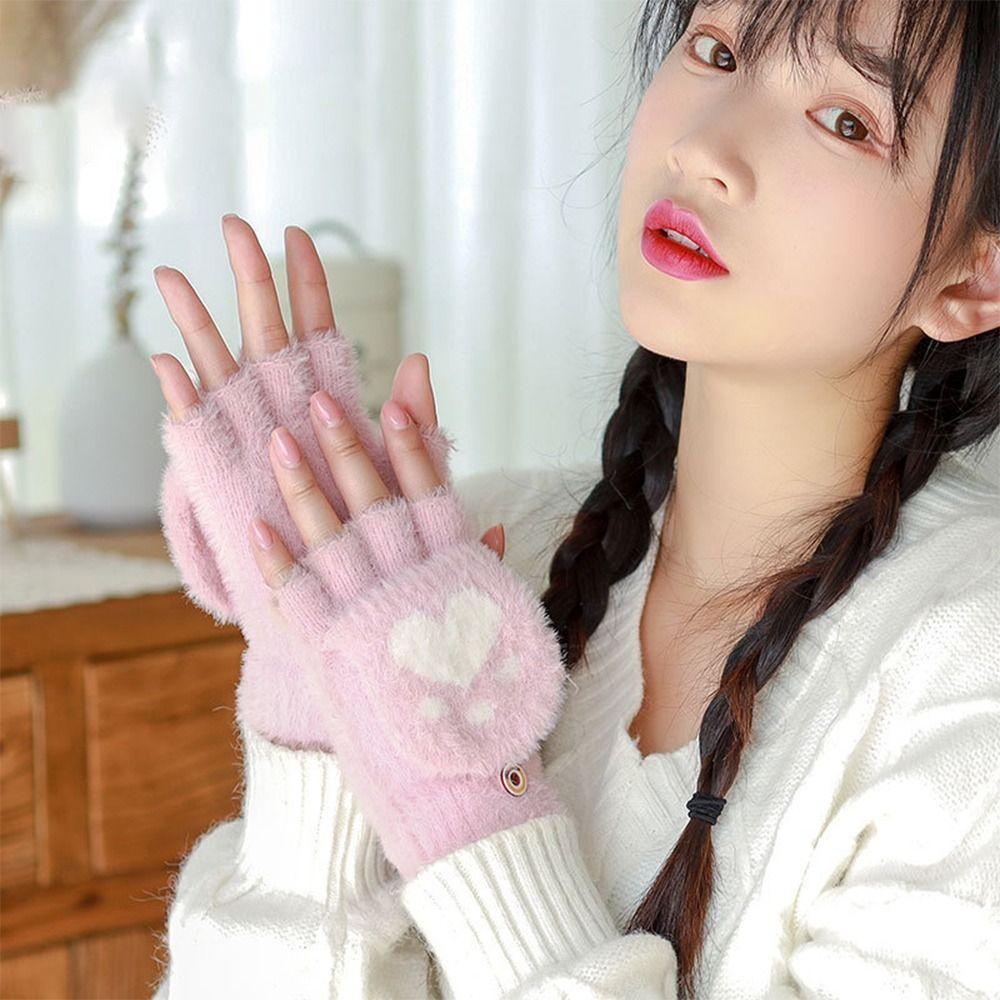 Paw Claw Half Finger Gloves Flip Cover Winter Mittens Knitted Finger Gloves Children's Handwriting