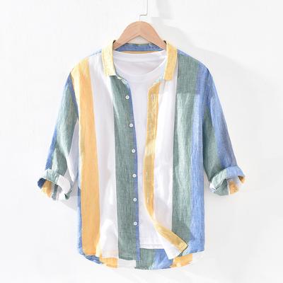 Men's Vertical Stripe Linen Blend Shirt Casual Roll Up Sleeve Loose Fit Streetwear Top