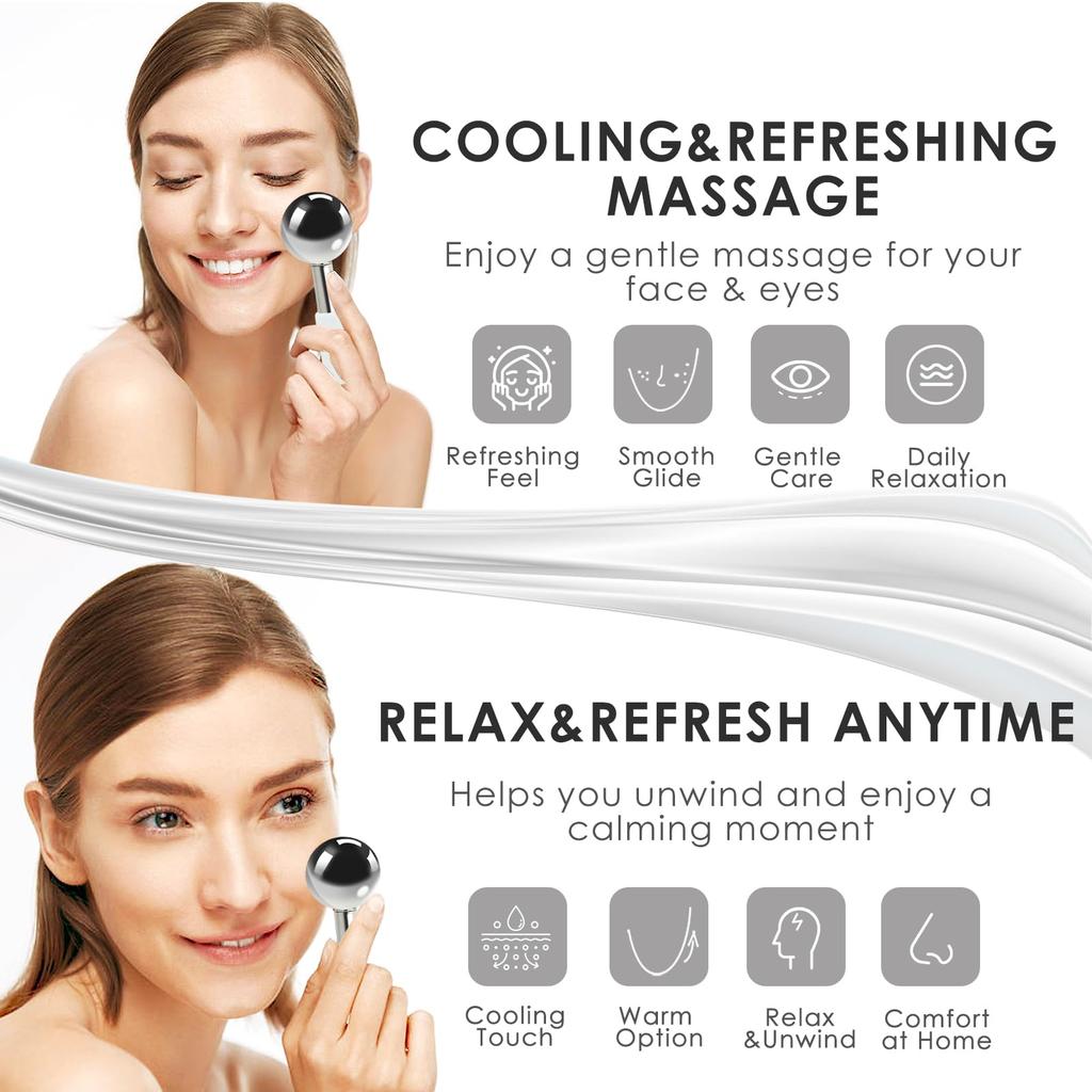 Stainless Steel Facial Ice Globe Roller, Chilled or Warm Cooling Massage Tool for Under Eye, Face, Jawline, Cheek, Neck Skincare Routine Relaxation