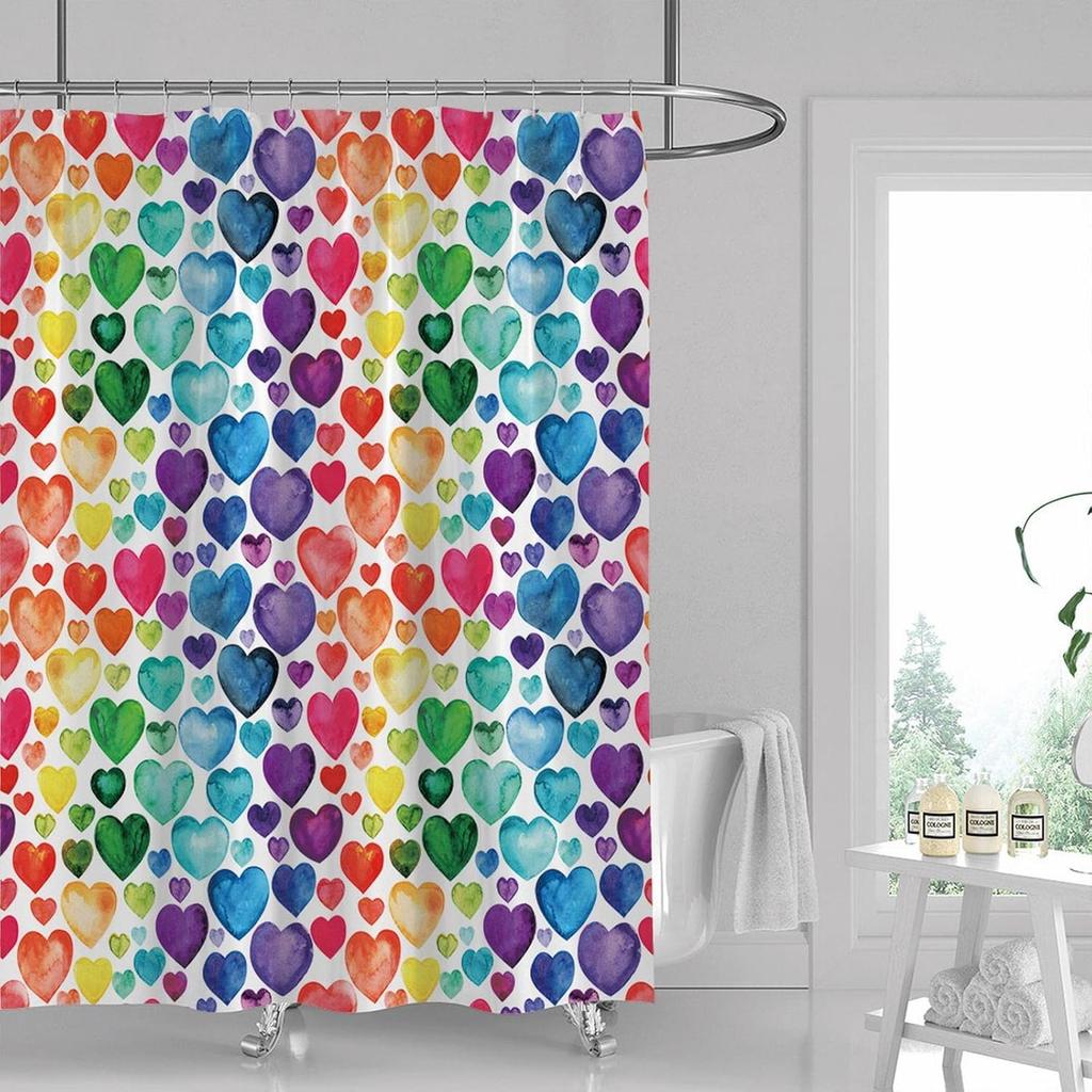 Colorful Heart Shower Curtain Valentine Romantic Sweetheart Cute Fashion Girl Psychedelic Gradient Geometric Rainbow Party Holiday Pattern Design
