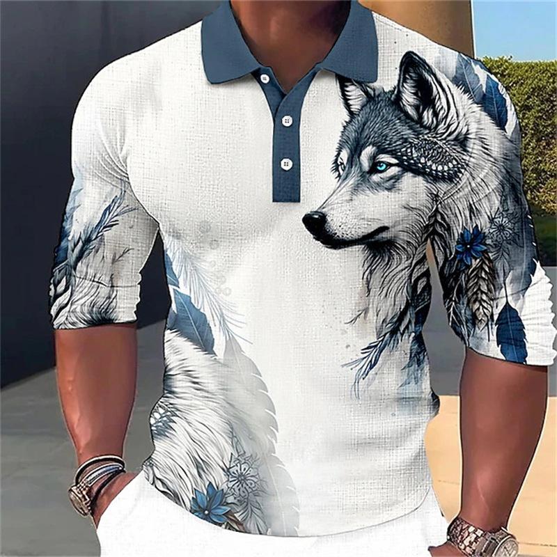 Trendy Long-sleeve Polo Shirt with Wolf and Feather Print, Casual and Fashionable.