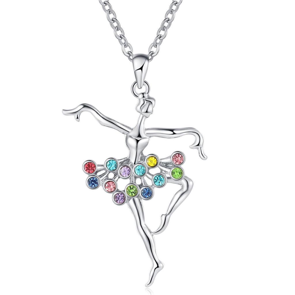 Bunte Ballett Strass Halskette mit Anhänger eines tanzenden Mädchens, Niedlicher Cartoon Schmuck Ideal für Weihnachtsgeschenk