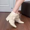 Fashion Elegant Thick Heel White Ankle Boots Women 2025 Autumn Pointed Toe Medium Heel Black Pleated Chelsea Boots Solid Woman's Shoes
