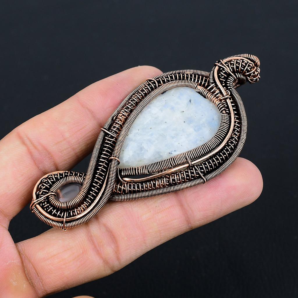 Natürlicher Regenbogen-Mondstein, Rosenquarzstein Kupferdraht-Wickelanhänger 3,54 w3U04