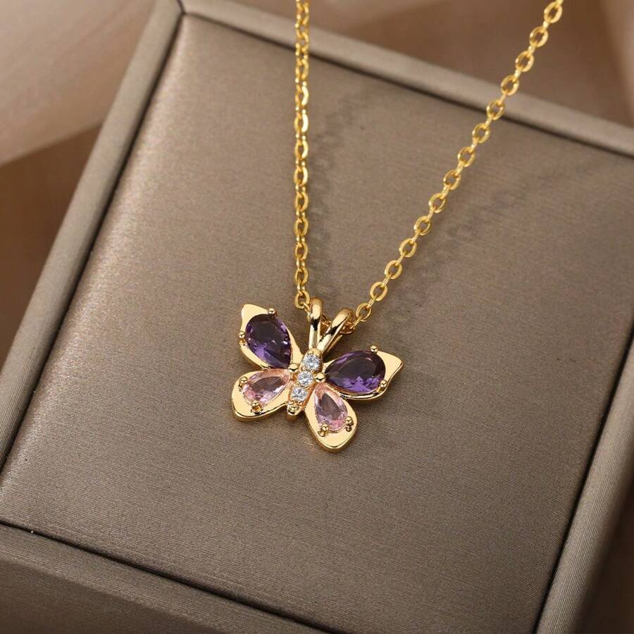 1pc Women's Cute Butterfly Necklace Stainless Steel Crystal Zircon Simple Suitable for Party Daily Wear Romantic Collar Necklace