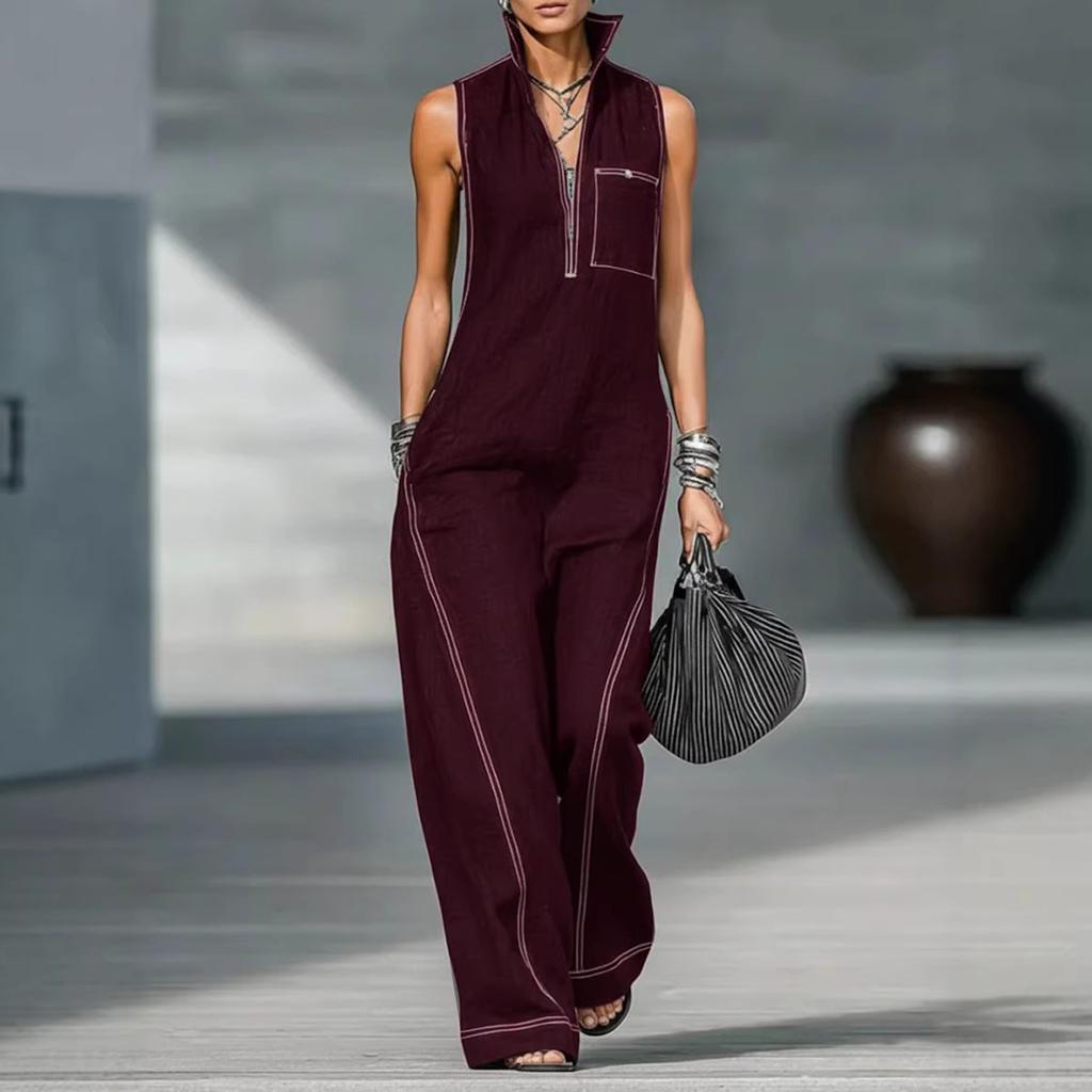 Women's Stand Collar Sleeveless Loose Fit Jumpsuit with Zipper Front and Stitching for Casual Wear