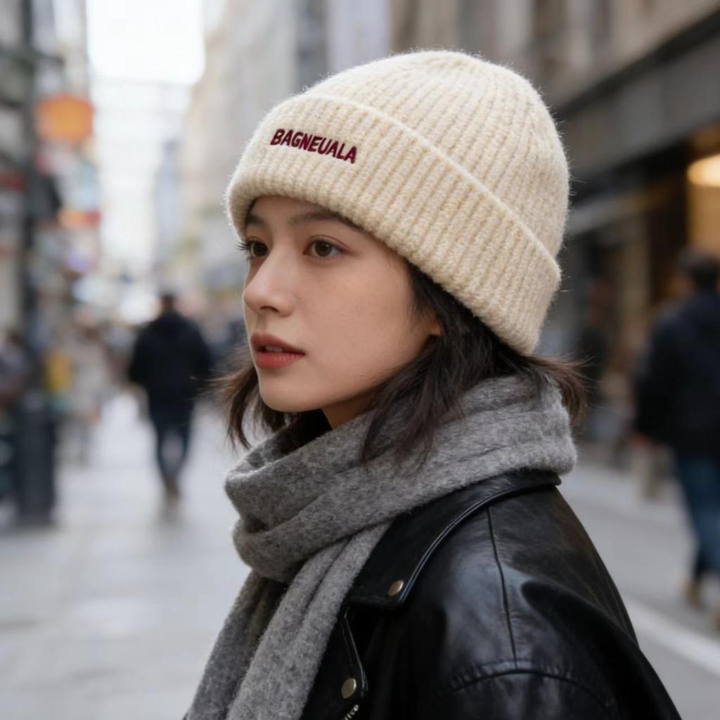 Letter Embroidered Wool Knitted Hat Women's Big Head Circumference Shows the Face Small Headgear Autumn and Winter New Warm and Cold Hat