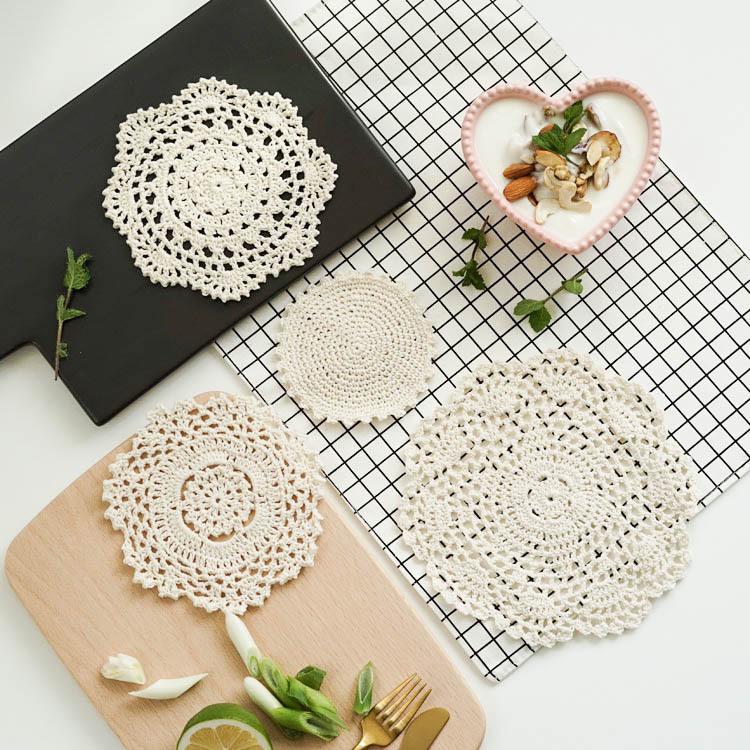 Beige Hand-Crocheted Cotton Fabric Insulation Coaster & Placemat with Large Hollow Lace Design