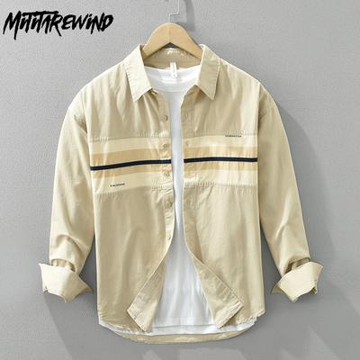 Spring and Autumn Long Sleeve Shirts for Men Korean Style Patchwork Striped Shirt Loose Top Lapel Pure Cotton Casual Shirts Youth