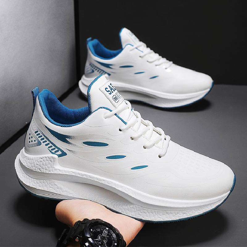 Men's Versatile Casual Leather Surface Waterproof Youth Running Anti Slip Shock-absorbing Sports Height Increasing White Dad Shoes