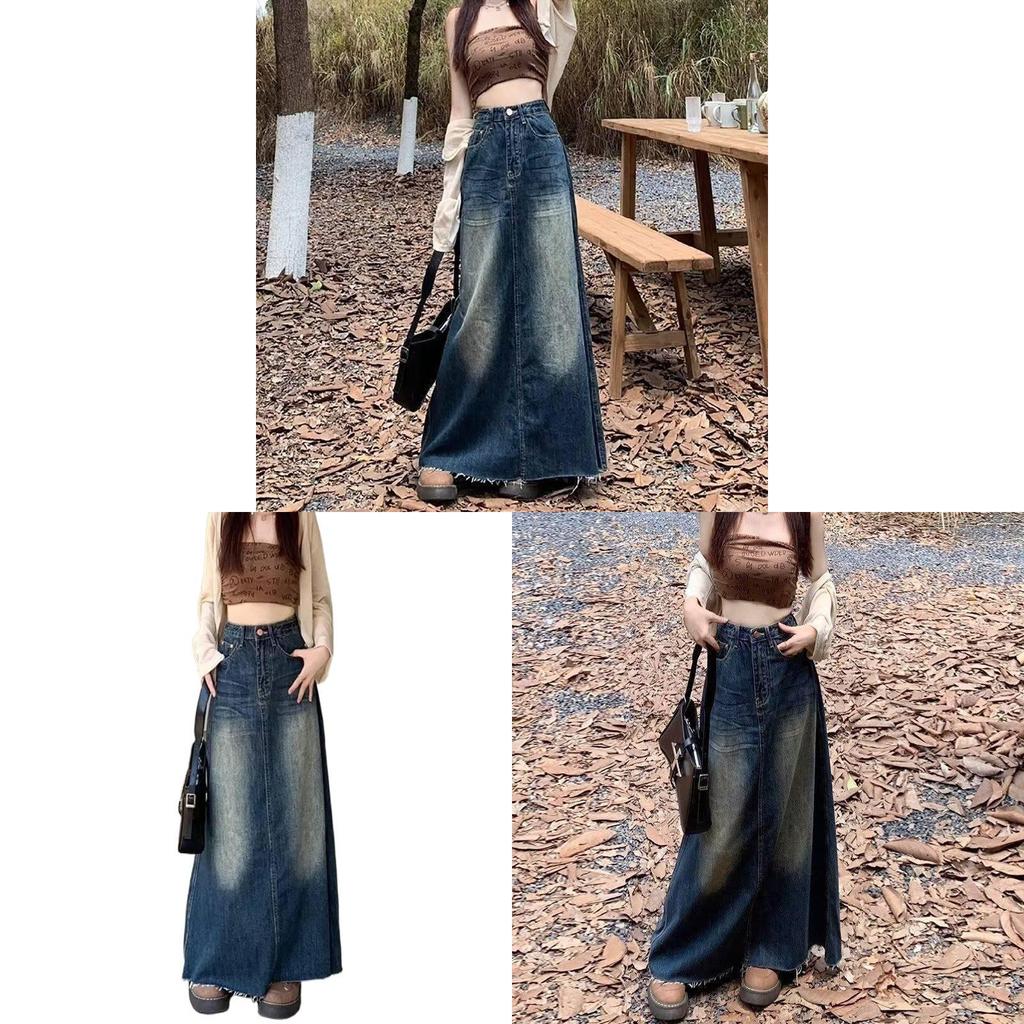 Denim A Line Skirt With Vintage Wash For Casual Wear