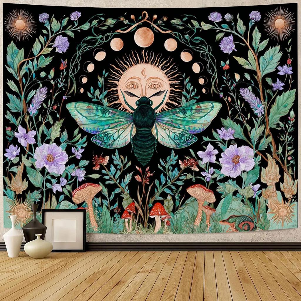 Sun and Moon Tapestry Vintage Bohemian Wall Hanging, Moon and Sun with Moths, Floral Vines, and Psychedelic Realm Tapestry, Polyester Fiber Art for Do