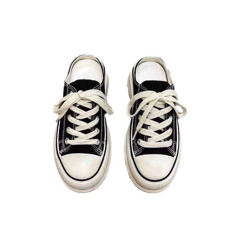 Canvas Half Slippers Women's Spring and Summer New Thick-soled One-pedal Women's Shoes Round Head Student Lazy Leisure Board