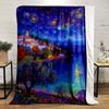 Starry Night Coastal Landscape Design Flannel Blanket for Bedroom, Living Room, Sofa, and Nap Sofas