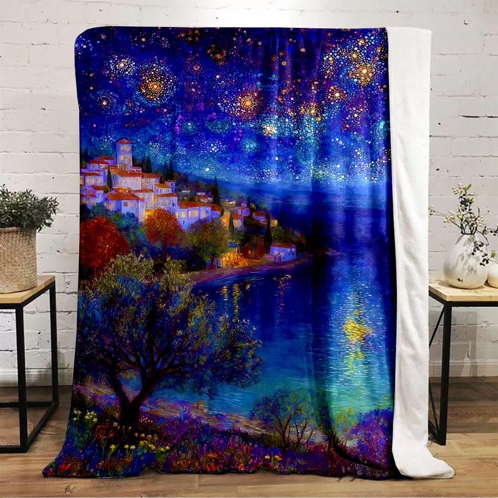 Starry Night Coastal Landscape Design Flannel Blanket for Bedroom, Living Room, Sofa, and Nap Sofas