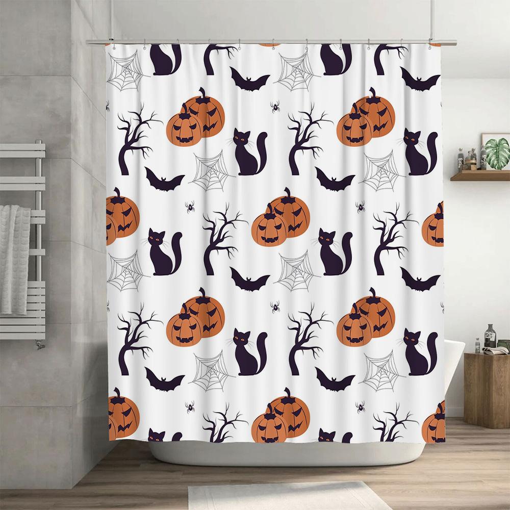 Halloween Decor Shower Curtain Halloween Pumpkin Cats Black Spiders White Bath Mat Waterproof Bathroom Curtains Customizable
