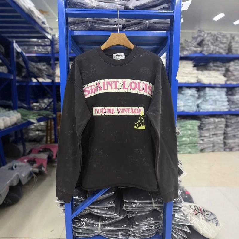 Mens Oversized Cotton Long Sleeve Crewneck Sweatshirt With Washed Vintage Letter Print