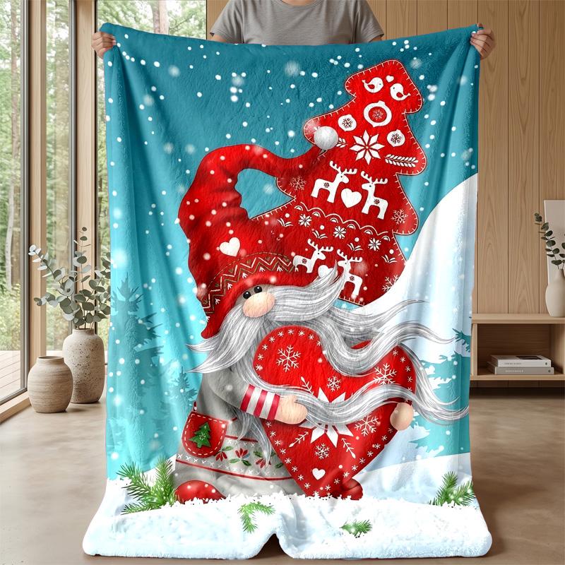 Festive Christmas Gnome with Tree and Heart Theme Blanket Lightweight Warm Flannel Blanket Decorative Throw Blanket for Home Decoration