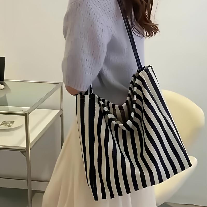 Women's Vintage Striped Tote Bag Large Capacity Open Top Unlined Shoulder Bag for Campus, Travel, Beach & Shopping Durable Casual Chic Striped Design