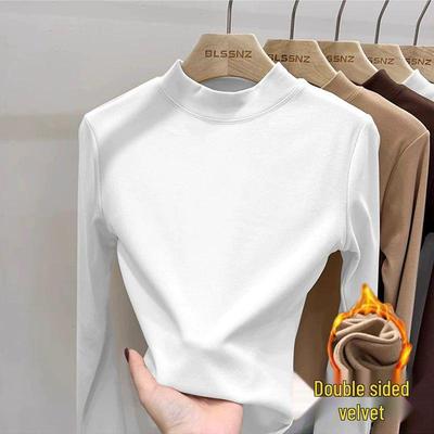 T-shirt slim à manches longues pour femme: Velours Allemand Double Face, Col Semi-Haut, Chaud et Épais pour Automne/Hiver