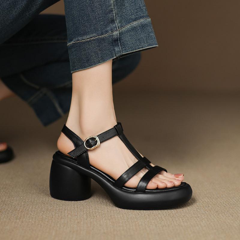 

Summer square heel buckle platform women s high-heeled sandals new casual solid color Roman sandals rubber soft-soled women s shoes 39 чорний