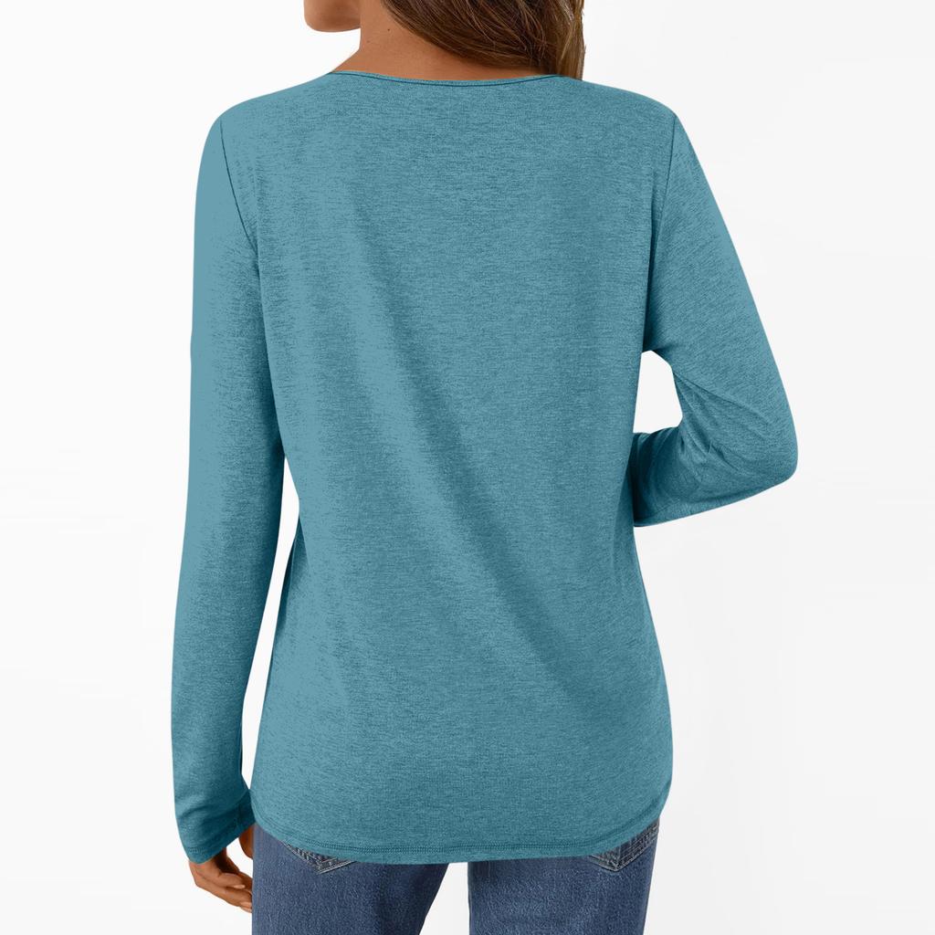 Women's Casual Fashion Brushed Solid Color Long-sleeved V-neck Top T-shirt