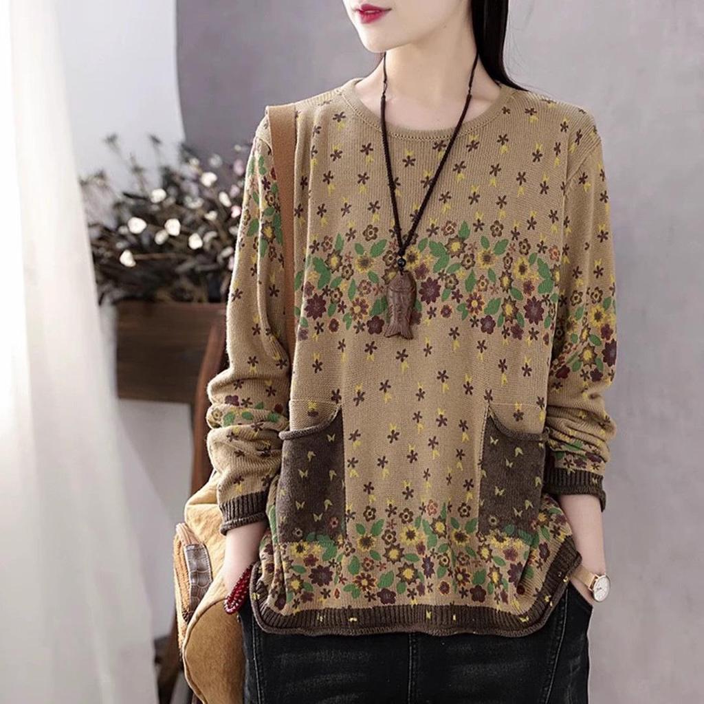 Women's Retro Print Cotton Sweater - Autumn Round Neck, Rolled Hem, Loose Fit, Plus Size, Age-Reducing Knitwear with Pocket