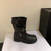 Medium Tube Knight Boots Large Tube Circumference Fashion Belt Buckle Boots Women's Folds Pile Thick Heel Retro Style New Thin