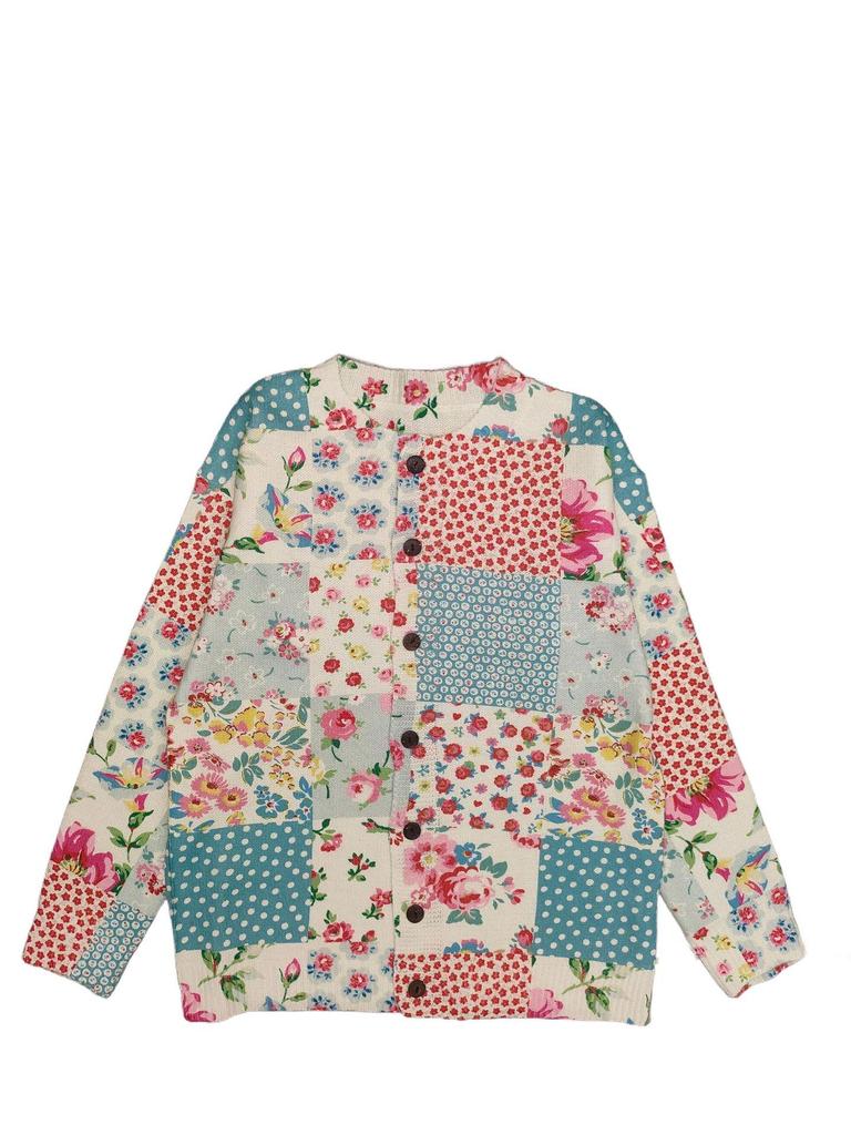 Damen 3D-Druck Geometrischer Patchwork Knopf Strickjacke - Rundhalsausschnitt, Langarm, Strickpullover für Frühling/Herbst