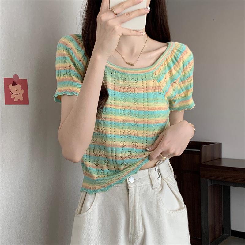 

Вязаный свитер женский полосатый ажурный цветной кружевной свободный милый топ с короткими рукавами повседневный базовый комфорт и стиль облегающий джемпер футболки One Size зелёный