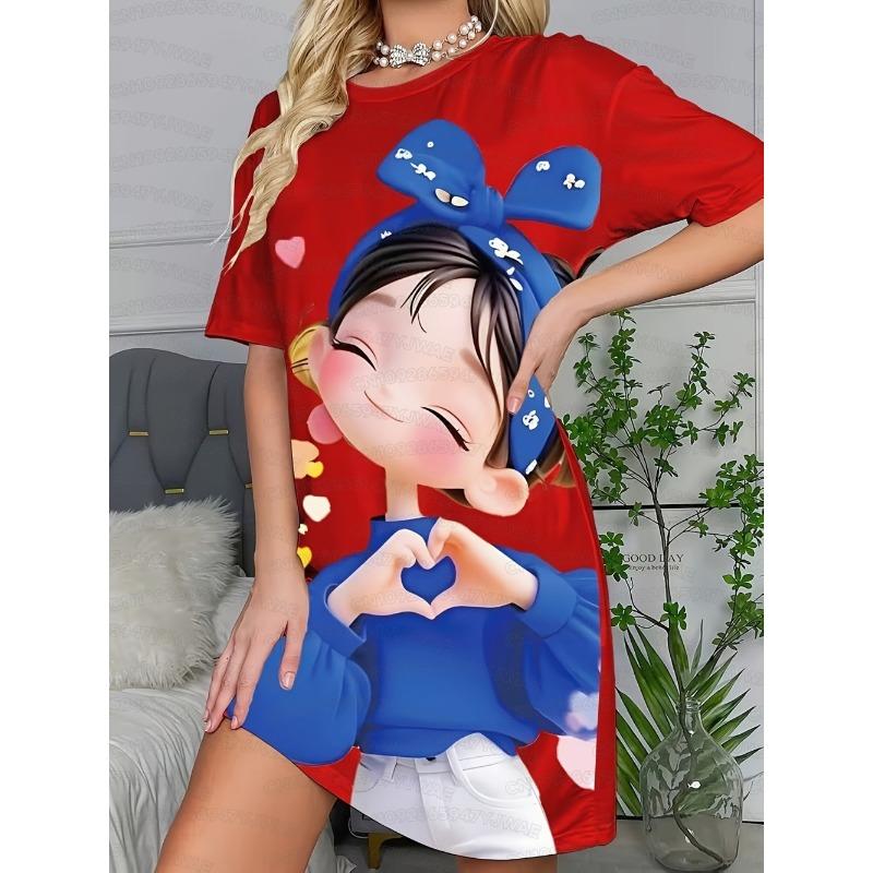 Summer Women's Round Neck Playful Cartoon Girl Print t Short Sleeve Dress Home Dress Comfortable Home Dress