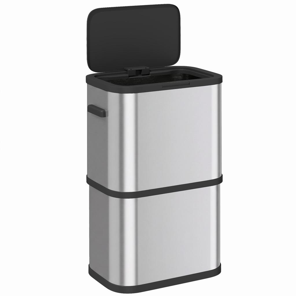 Rectangular 60L Stainless Steel Trash Can with Lid, Soft-Close, Bag Holder, Silver