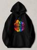 Black Pullover Hoodie with Vibrant Rainbow Forest Lake Reflection Print Colorful Sunset Mountain Landscape And Flying Birds Graphi