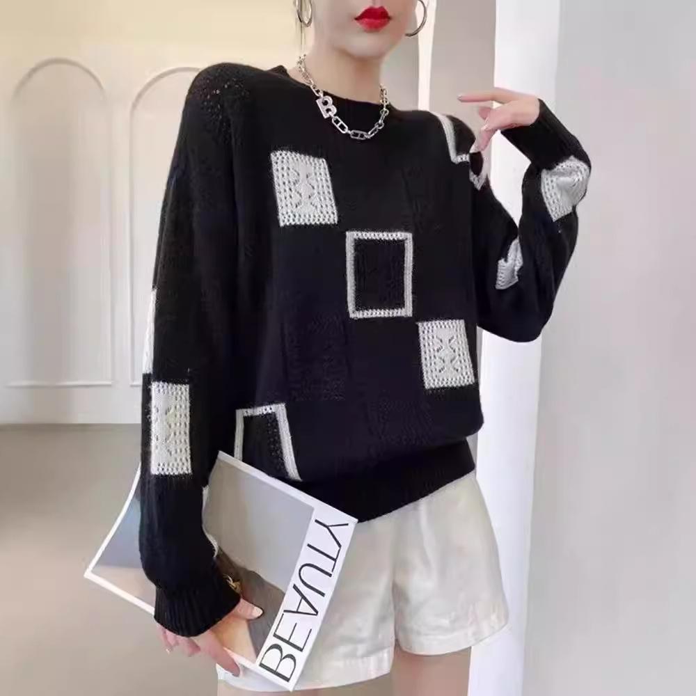 Black White Color Block Grid Knit Top Autumn Korean Slim Casual Loose Versatile Mesh Long Sleeve Round Neck Shirt