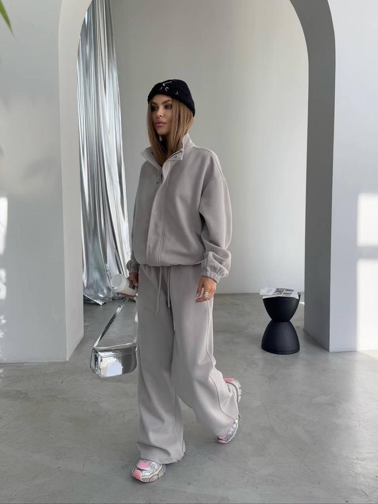 Hot Sale Minimalist Casual Suit Loose Stand-Up Neck Zipper Jacket Drape Wide Leg Pants Two-piece Set