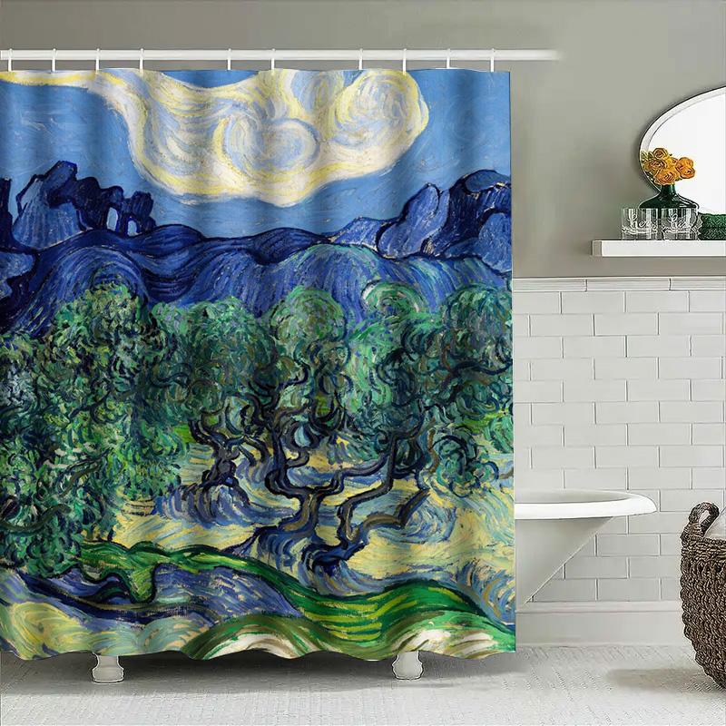 Waterproof Shower Curtain Featuring Van Gogh'S The Olive Trees At Night Perfect For Your Bathroom Decor