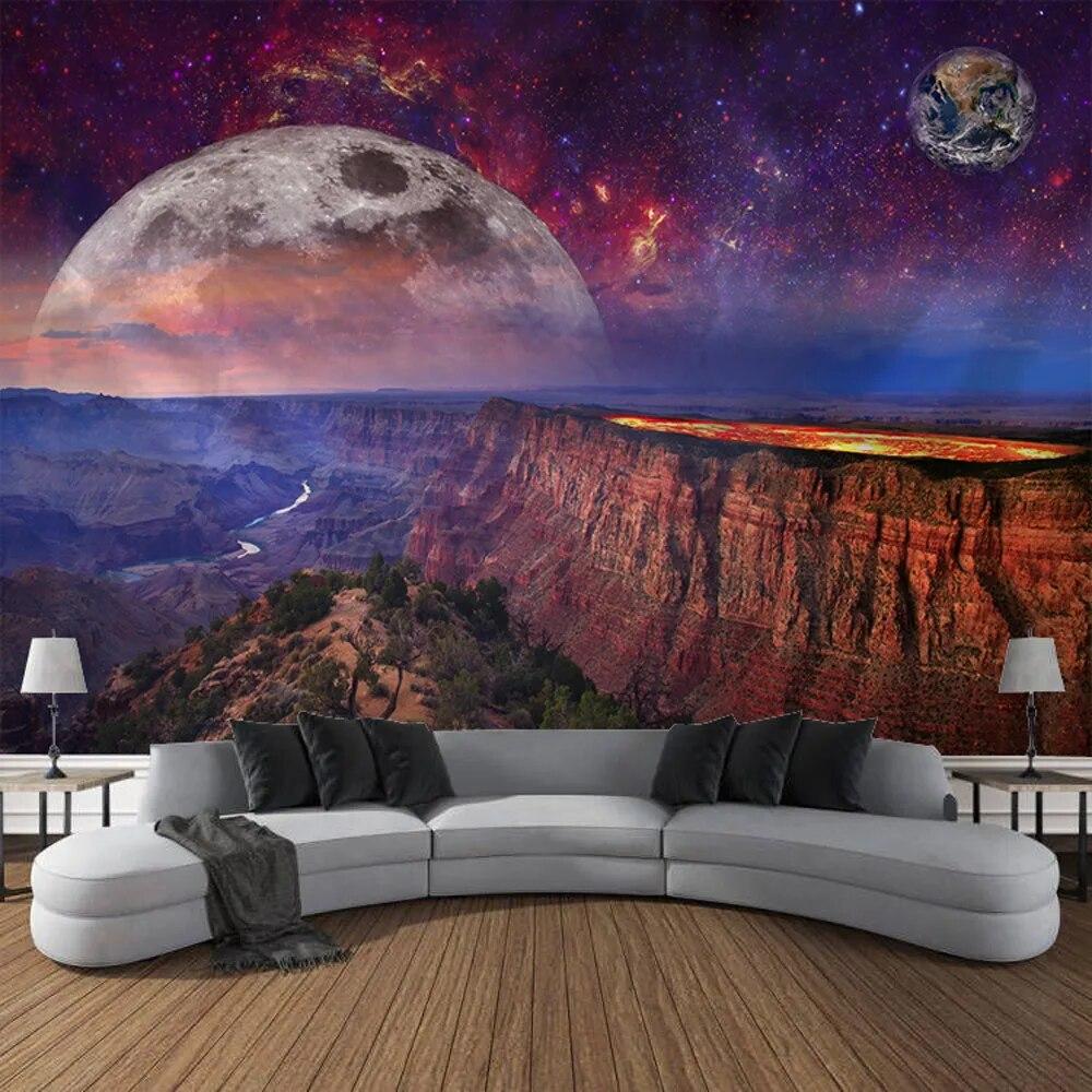 Lua planeta céu estrelado cenário parede tapeçaria arte decoração pendurado pano cortina quarto sala de estar decoração casa