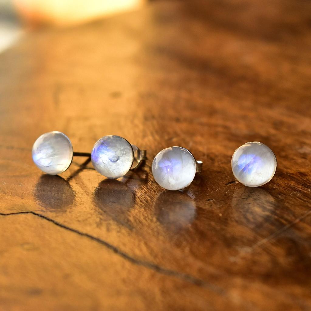 Genuine Moonstone Stud Earrings In Sterling Silver ,  Moonstone Stud , Gift for Mother , Rainbow Moonstone Stud Earrings Celestial Moonstone