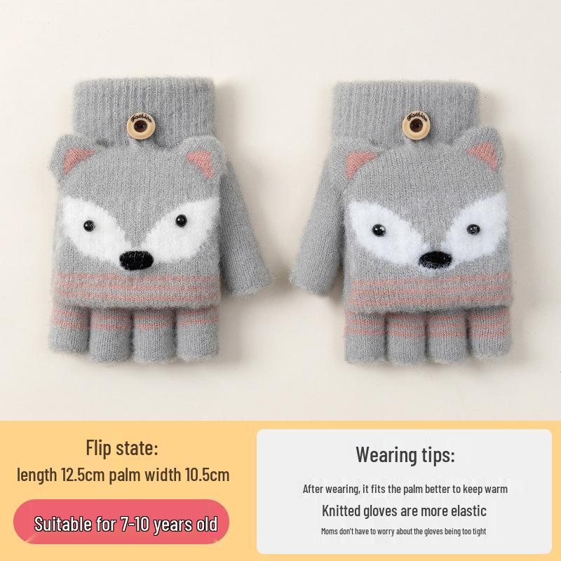 Kids' Cute Flip-Top Fingerless Fox Gloves - Warm Cartoon Design for Autumn and Winter