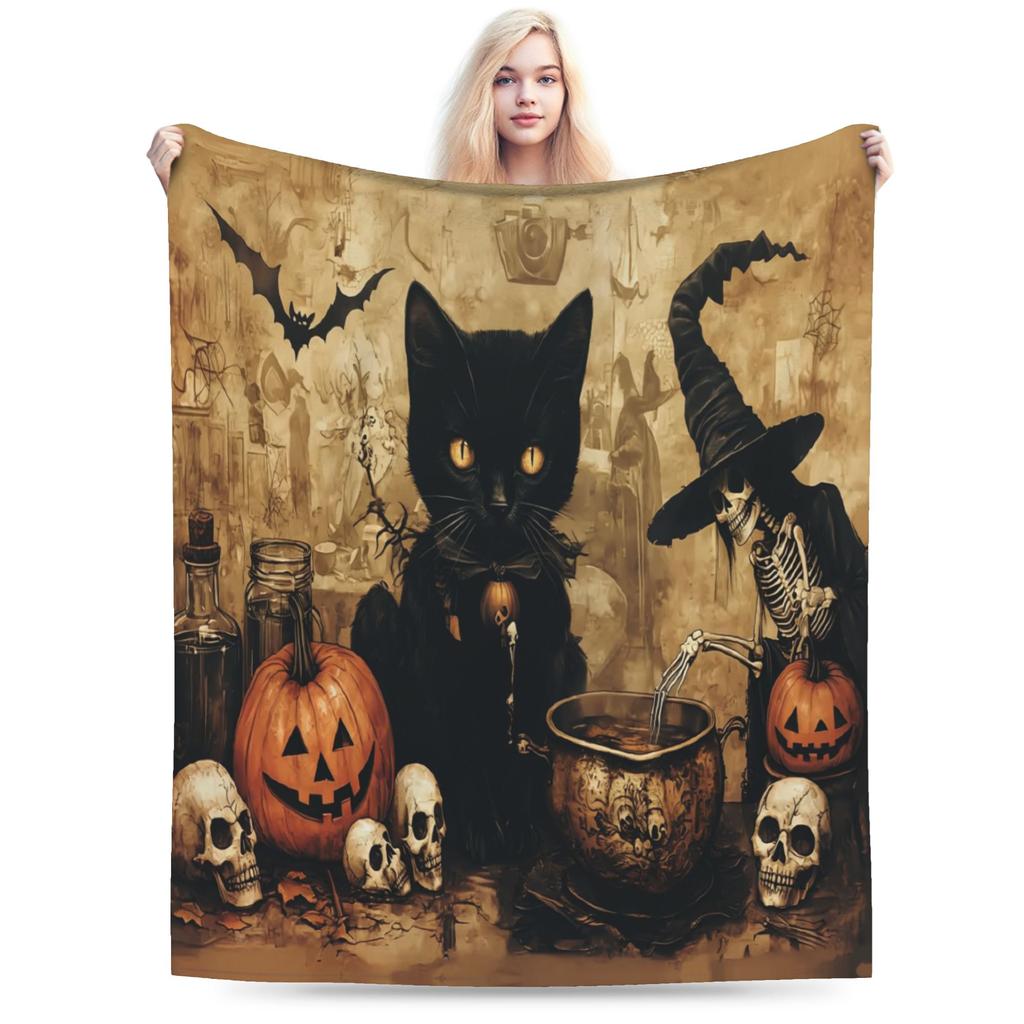 Halloween Black Cats Blankets Witchy Kitty Fleece Awesome Warm Throw Blankets for Bedspread Spring/Autumn