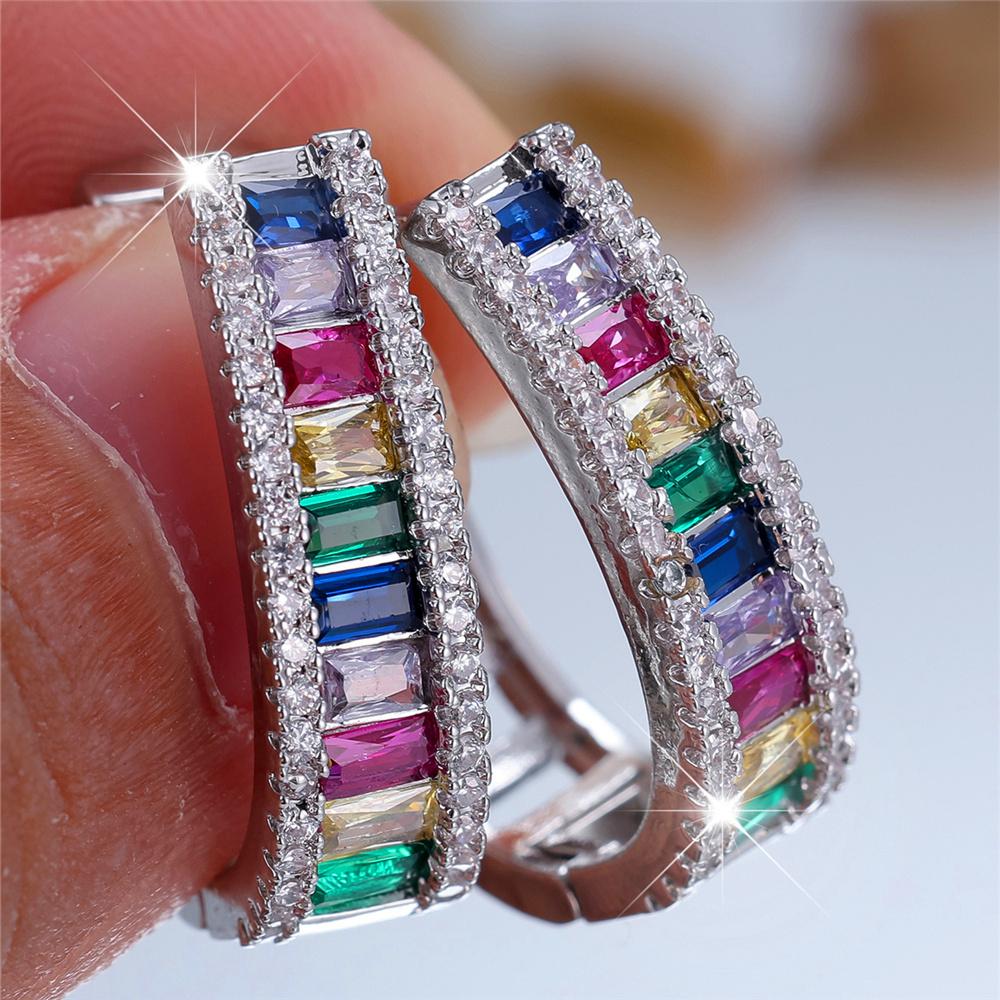 Charm Female Rainbow Zircon Stone Hoop Earrings Silver Color Wedding Jewelry For Women