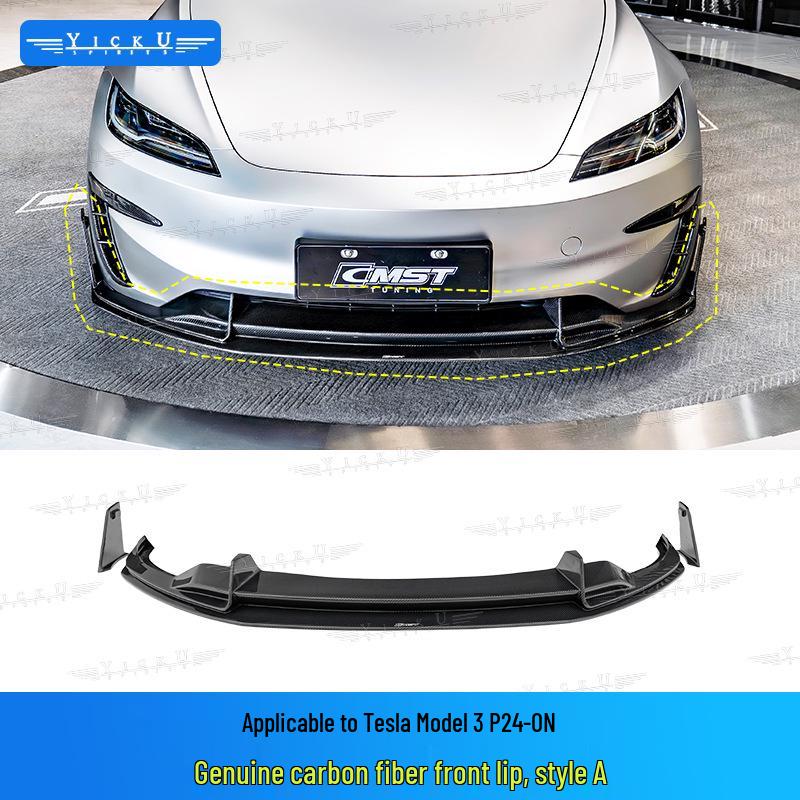 Upgrade your Tesla Model 3 P with CMST carbon fiber front lip with lights, rear lip, air intakes, and side skirts.