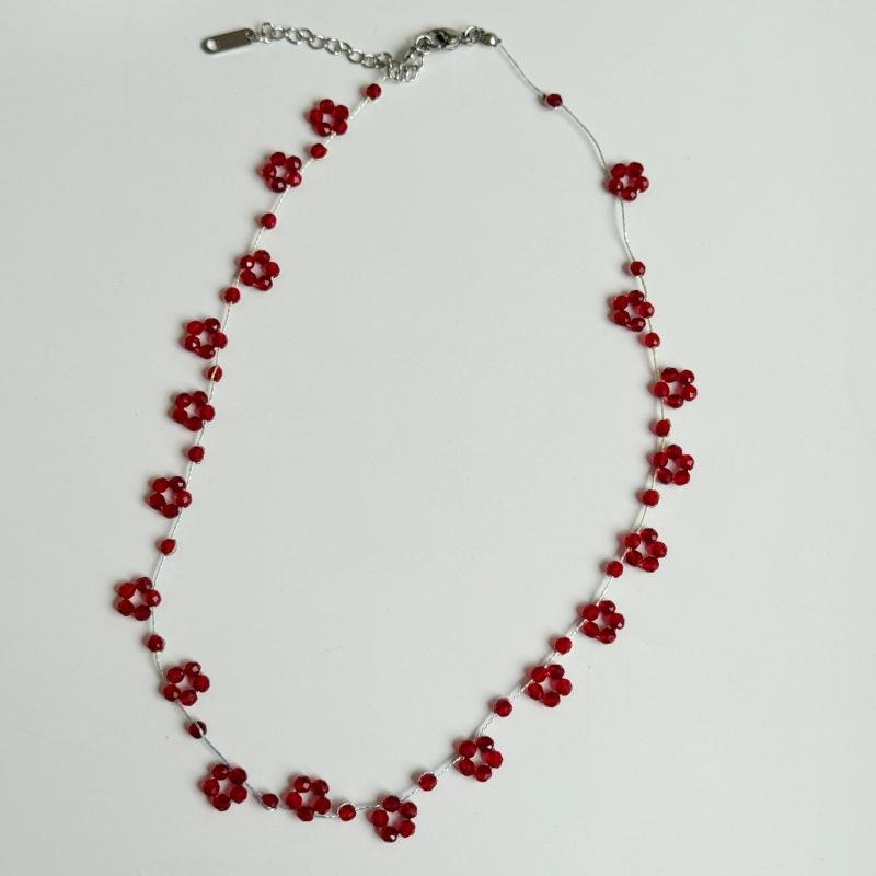 Dark Red Crystal Beads Flower Titanium Steel Clavicle Chain Girls Sweet Holiday Necklace Festival Gifts for Women
