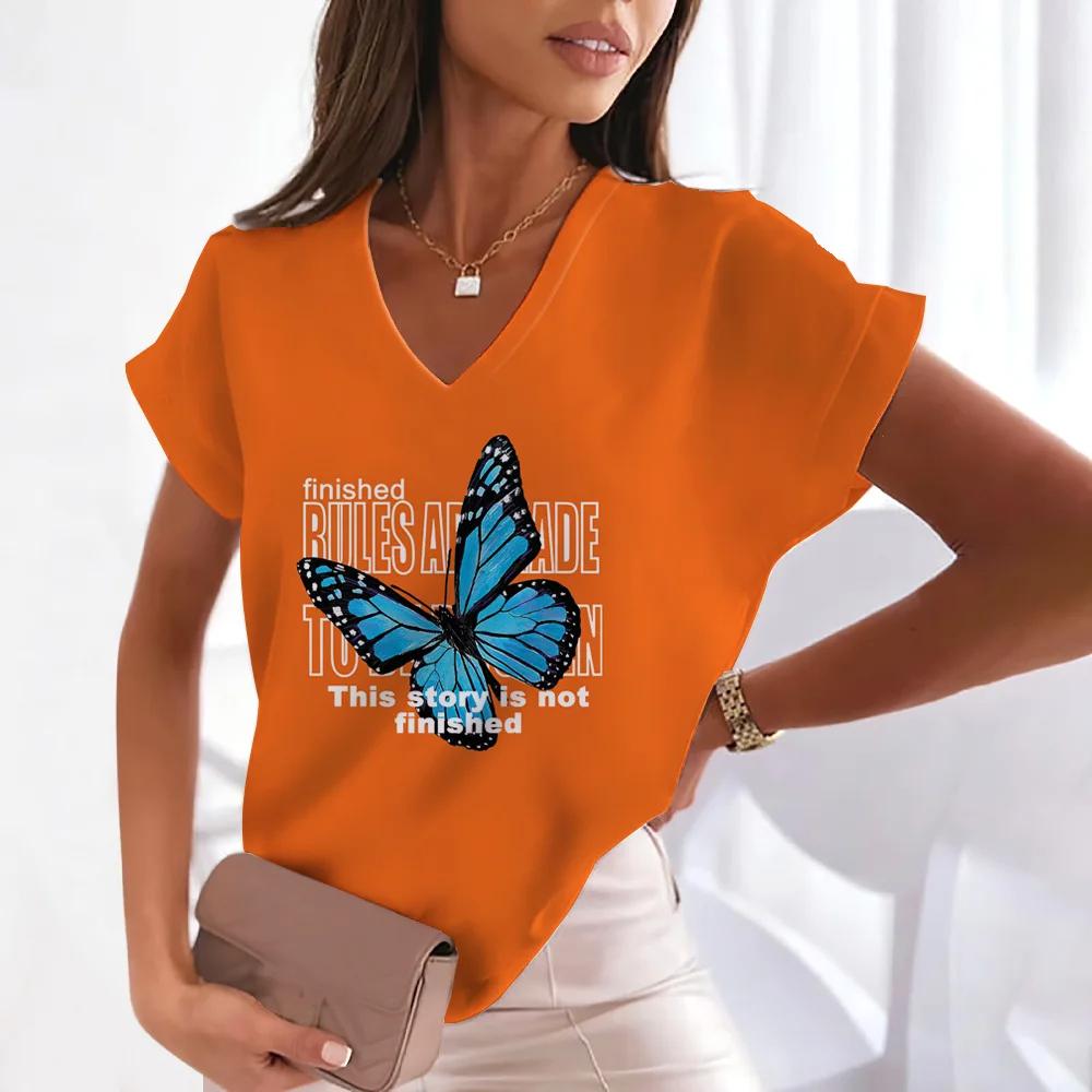 Summer Women T-shirt Butterfly Graphic V-Neck Tops Tees Female Fashion Trend Short Sleeve Clothing Ladies Daily Casual Outfit