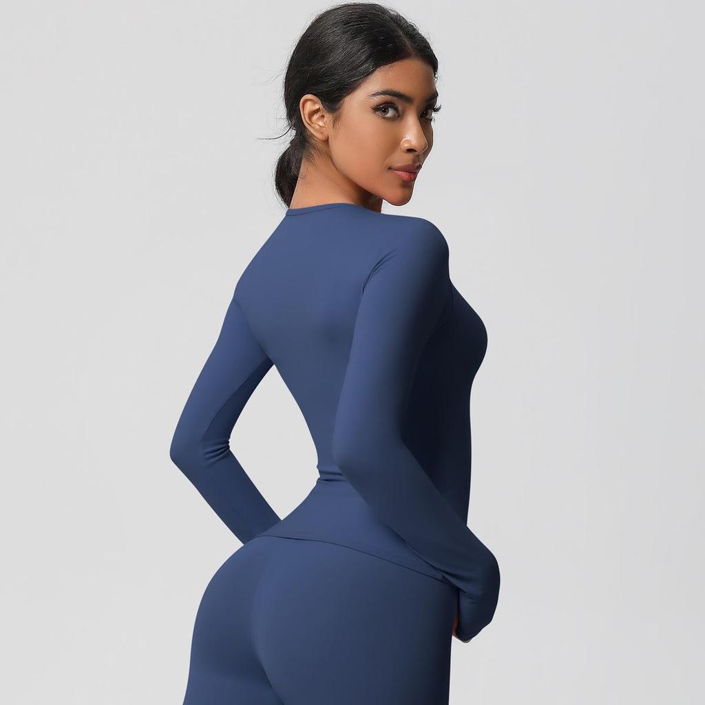 European-American Slim Fit Long Sleeve Yoga Top - Nude, Brushed Feel, Round Neck, High-Intensity Running & Fitness Wear